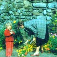 Mary and Liz Beal picking flowers along the back wall. Photo: John Beal.