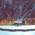 Winter view of the fountain looking north through the grape arbor towards a distant pond. Photo: John Beal.